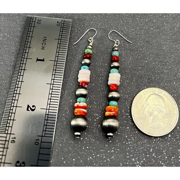 Hand Strung 925 Silver Turquoise Pink Conch Navajo Pearls Coral Spiny Earrings - Picture 4 of 6